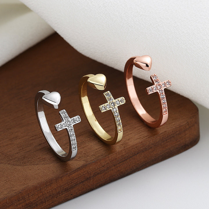 Jesus Cross Heart Open Ring for Women – Minimalist Diamond Faith Ring