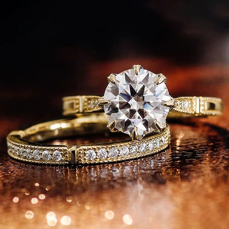 8-Prong Center Diamond Full Pave Double Layer Stackable Ring (Gold Luxury Glamorous Style)