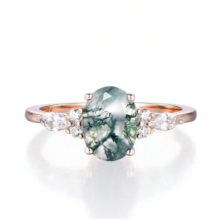 Rose Gold Moss Agate Oval Ring (Forest-Style Luxury Niche Style)