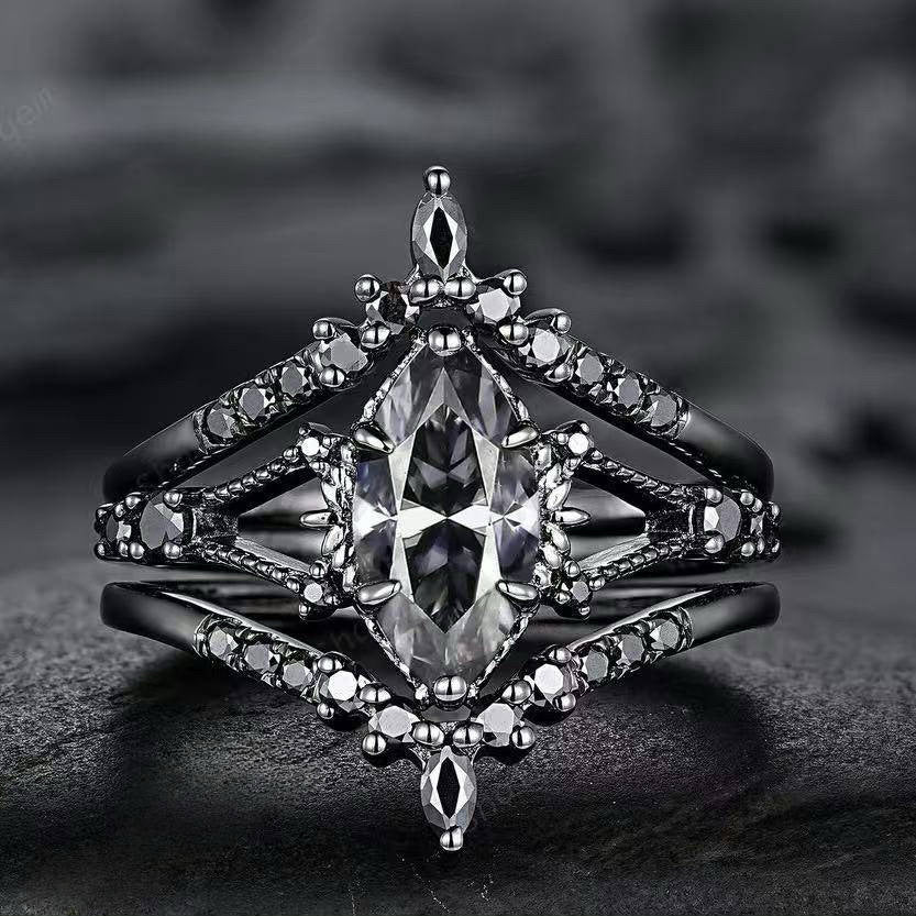 Black Gold Colored Diamond Triple Layer Stackable Ring (Dark Luxury Glamorous Style)