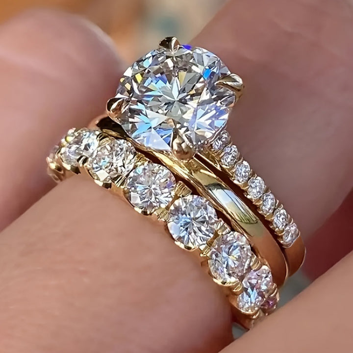 Gold Center Diamond Full Pave Triple Layer Stackable Ring (Luxury Glamorous Ritual Style)