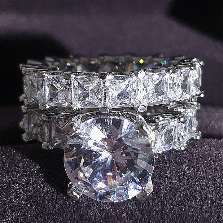 Silver Base Round Diamond + Baguette Diamond Double Layer Stackable Ring (Luxury Glamorous Ritual Style)