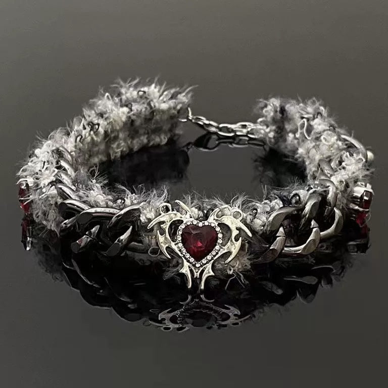 Red Diamond Heart Fur Chain Choker (Dark Sweet-Cool Hot Girl Style)
