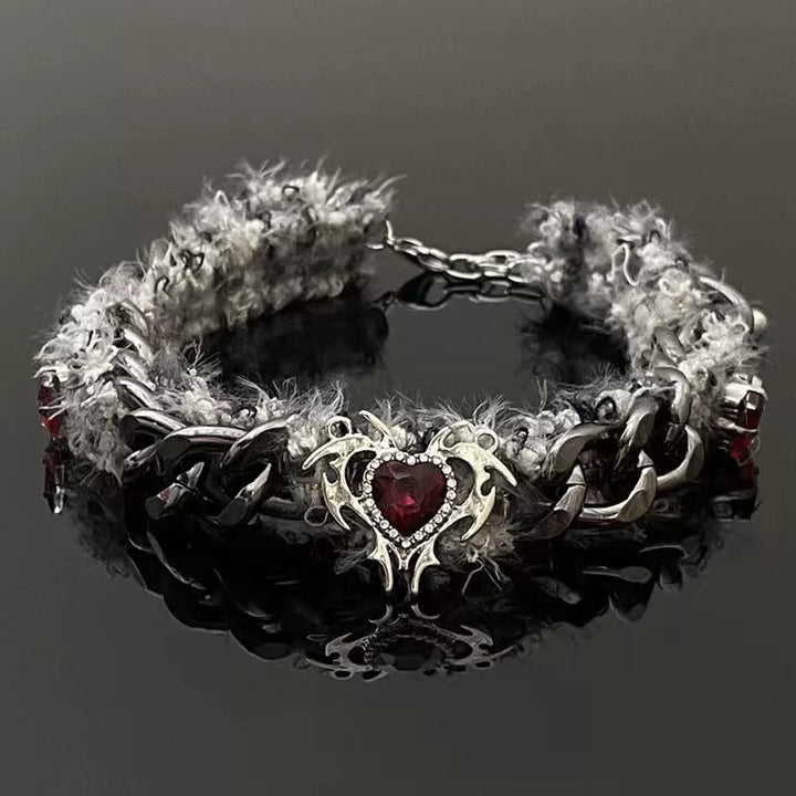 Red Diamond Heart Fur Chain Choker (Dark Sweet-Cool Hot Girl Style)