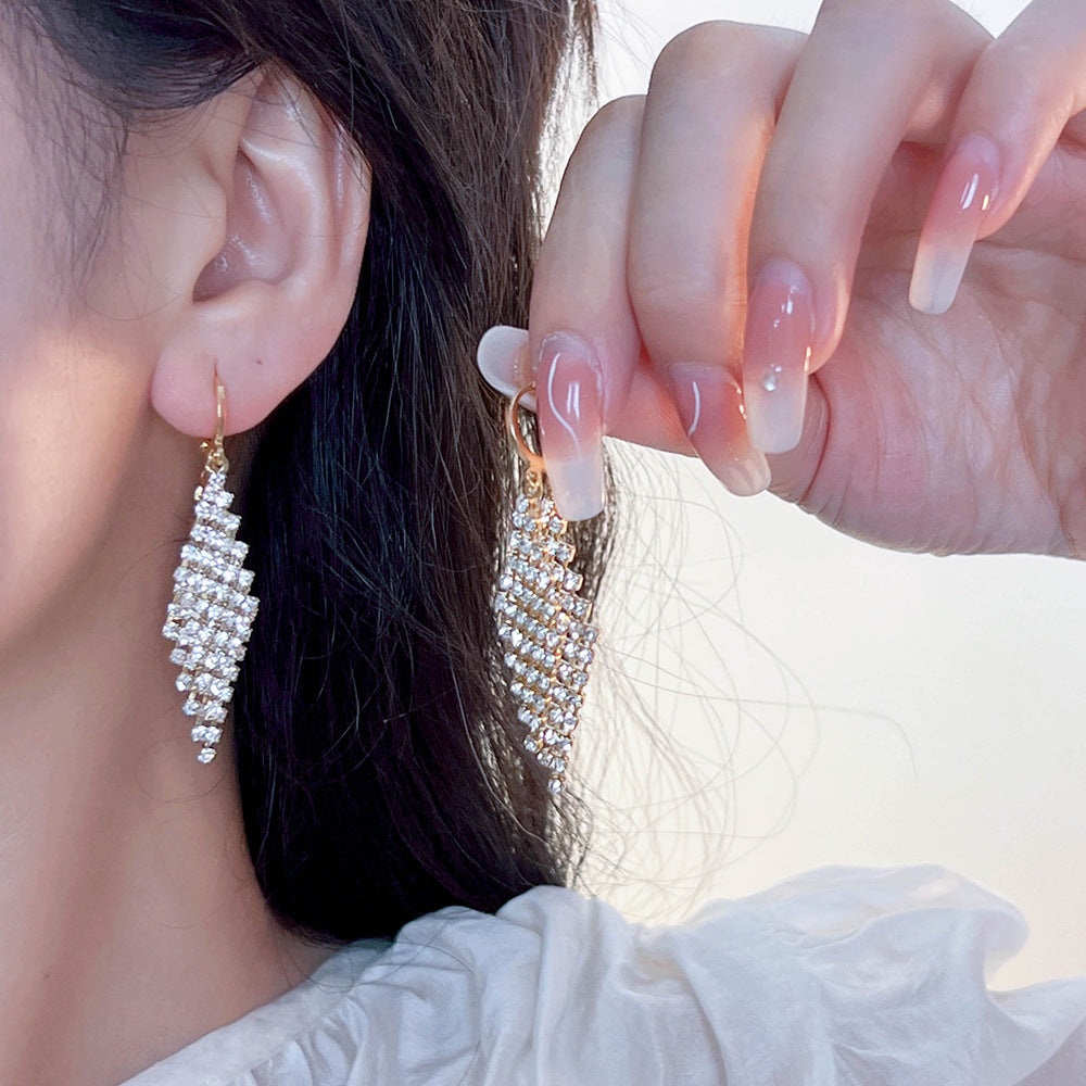 Gold Base Full Diamond Feather Tassel Earrings (Luxury Elegant Banquet Style)