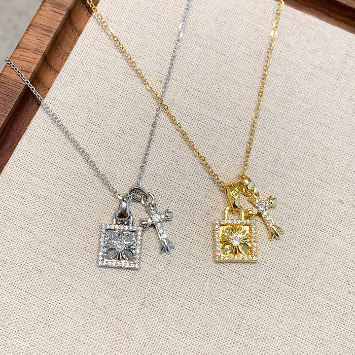 Full Diamond Lock + Cross Double Pendant Necklace (Cool Luxury Personalized Style)