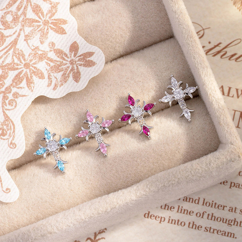 Zircon-Studded Cross Screw Barbell Earrings – Elegant Couple Ear Studs