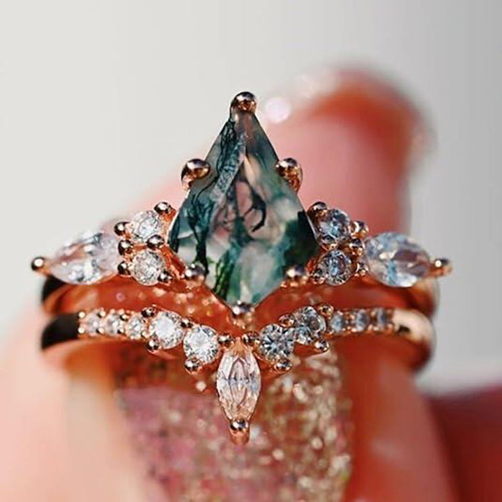 Natural Moss Agate Rhombus-Shaped Wedding Ring for Women