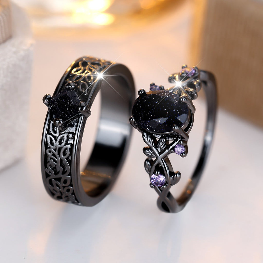 Gothic Black Galaxy Couple Rings – Celestial Love Matching Rings
