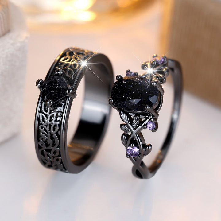 Gothic Black Galaxy Couple Rings – Celestial Love Matching Rings