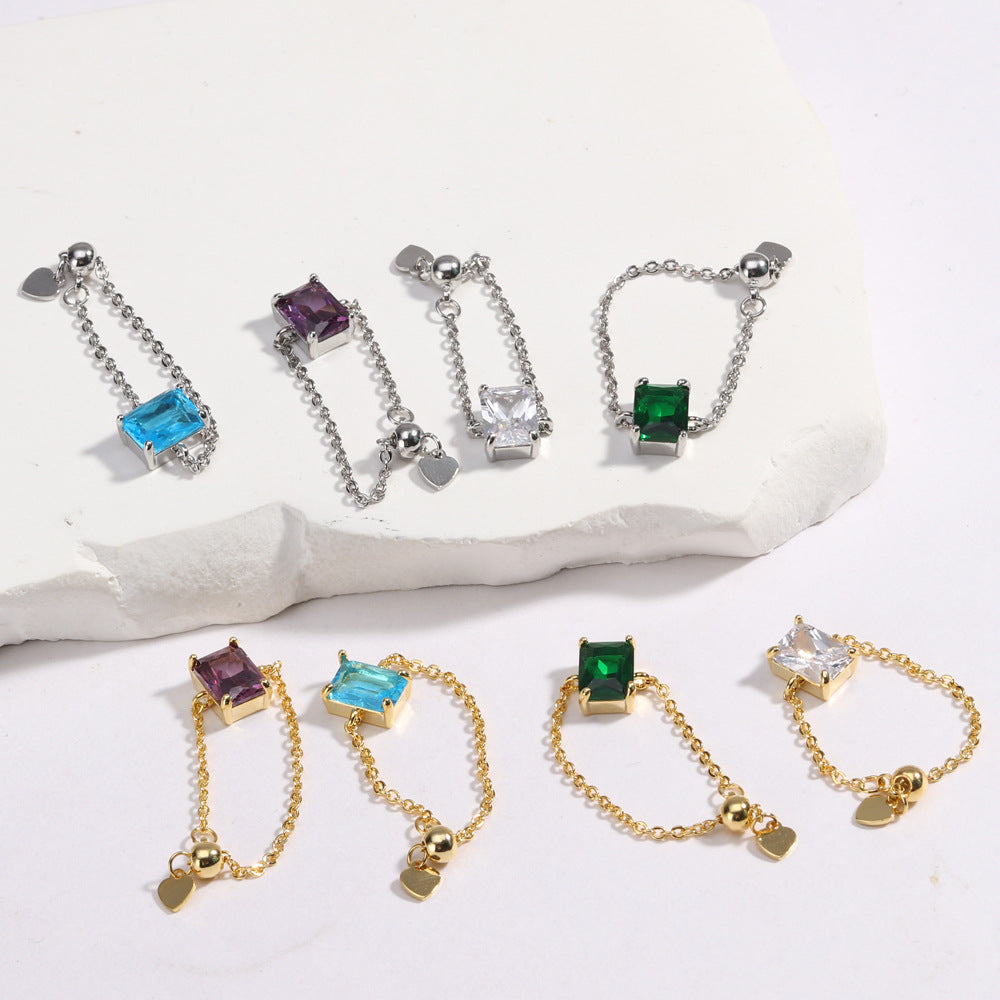 18K Gold Adjustable Chain Ring with Emerald-Cut Green Zircon