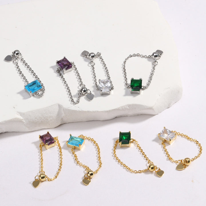 18K Gold Adjustable Chain Ring with Emerald-Cut Green Zircon