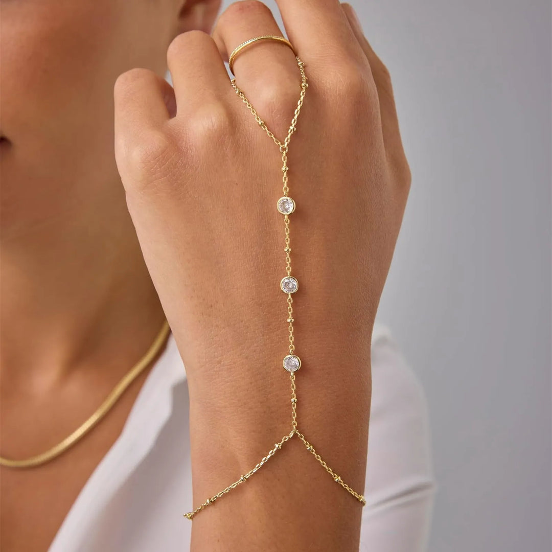 INS Style 18K Gold Plated Titanium Steel Bracelet with Rhinestone Discs & Finger Chain