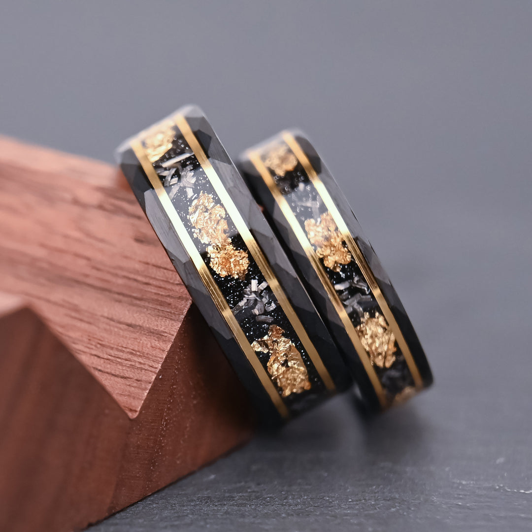 Tungsten Carbide Couple Rings – Hammered Black Rings with Meteorite Inlay