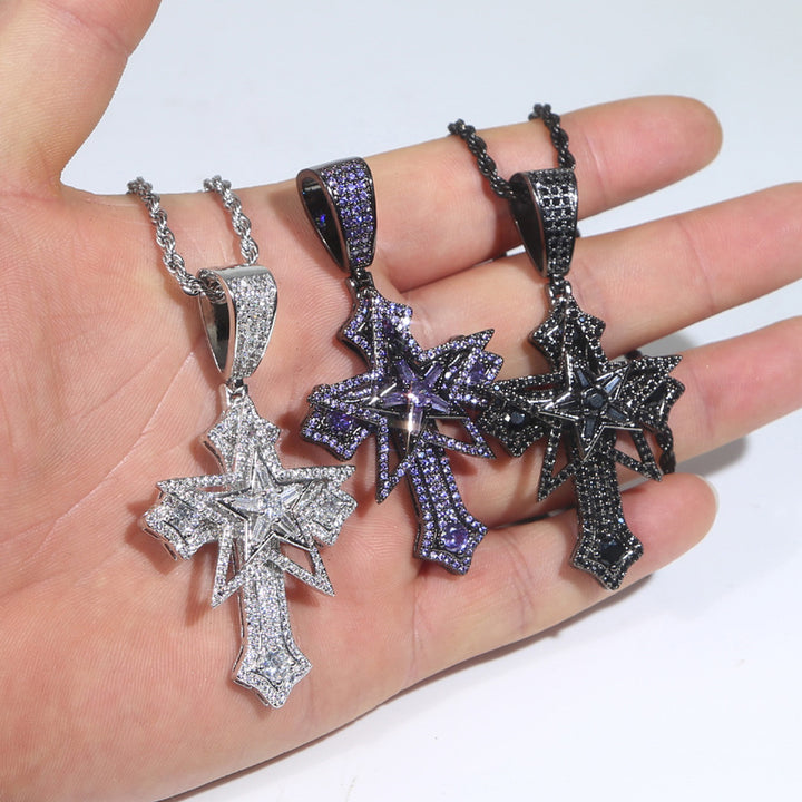 Hip-Hop Rotatable Pentagram Cross Zircon Pendant Necklace