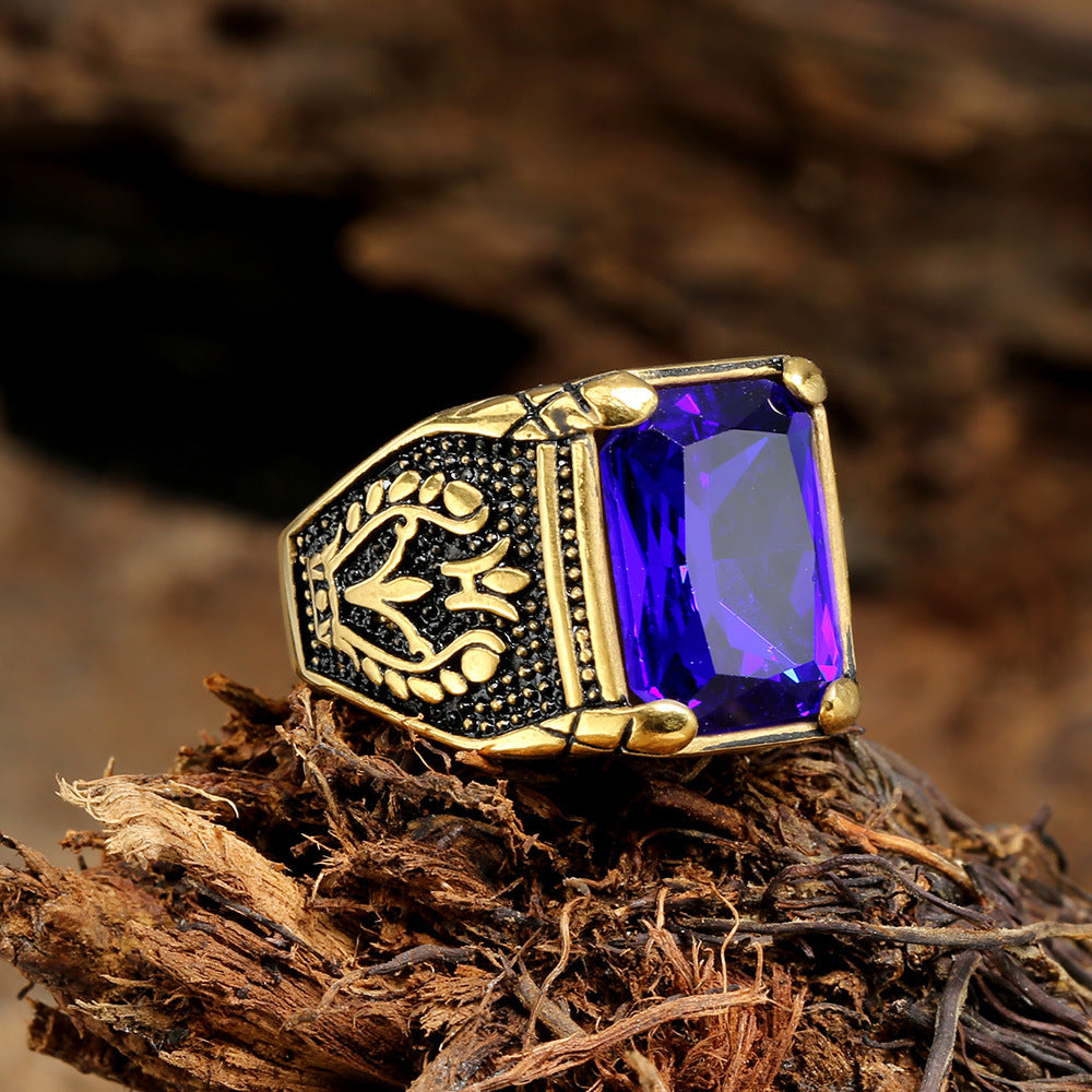 Punk Retro Gem Tulip Titanium Steel Men's Ring (Multi-Color Inlaid Style)