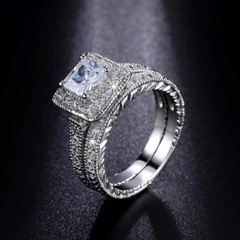 Silver-Plated Square Zircon Couple Rings – Fashion Luxury Set