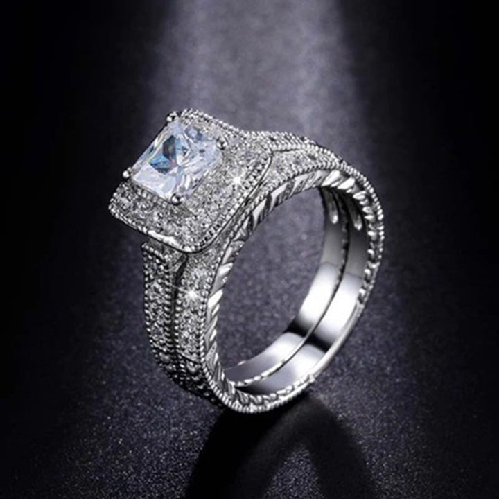 Silver-Plated Square Zircon Couple Rings – Fashion Luxury Set