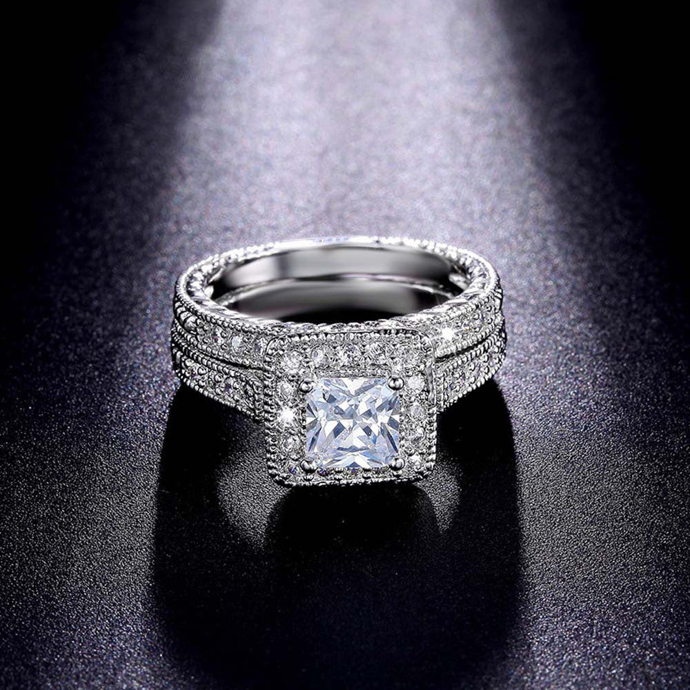 Silver-Plated Square Zircon Couple Rings – Fashion Luxury Set