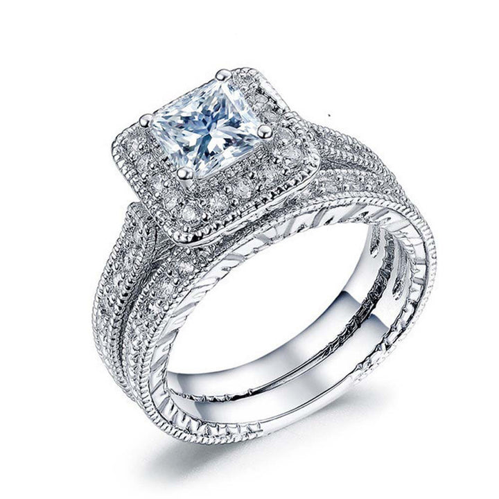 Silver-Plated Square Zircon Couple Rings – Fashion Luxury Set