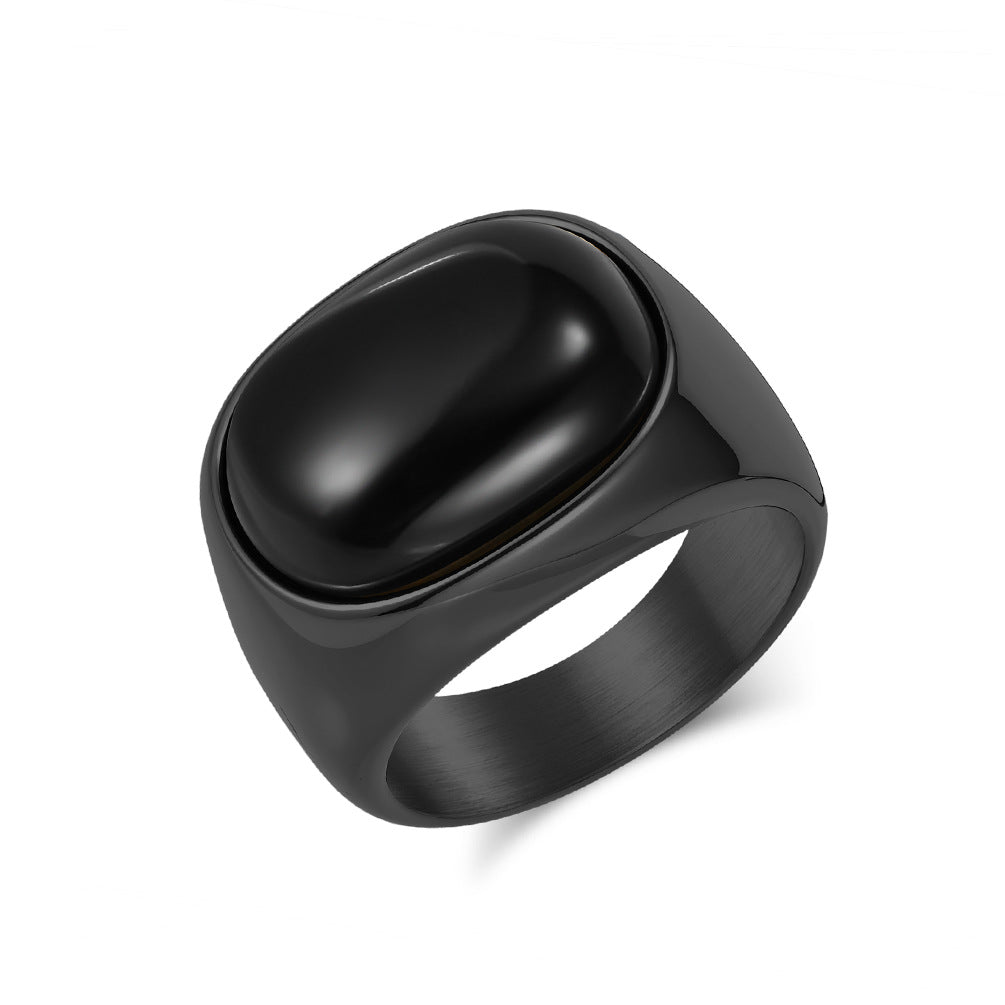 Minimalist Oval Cabochon Gem Solid Signet Ring, S925 Silver Gold/Black/Silver 3 Colors Tiger Eye & Onyx Unisex Wide Band
