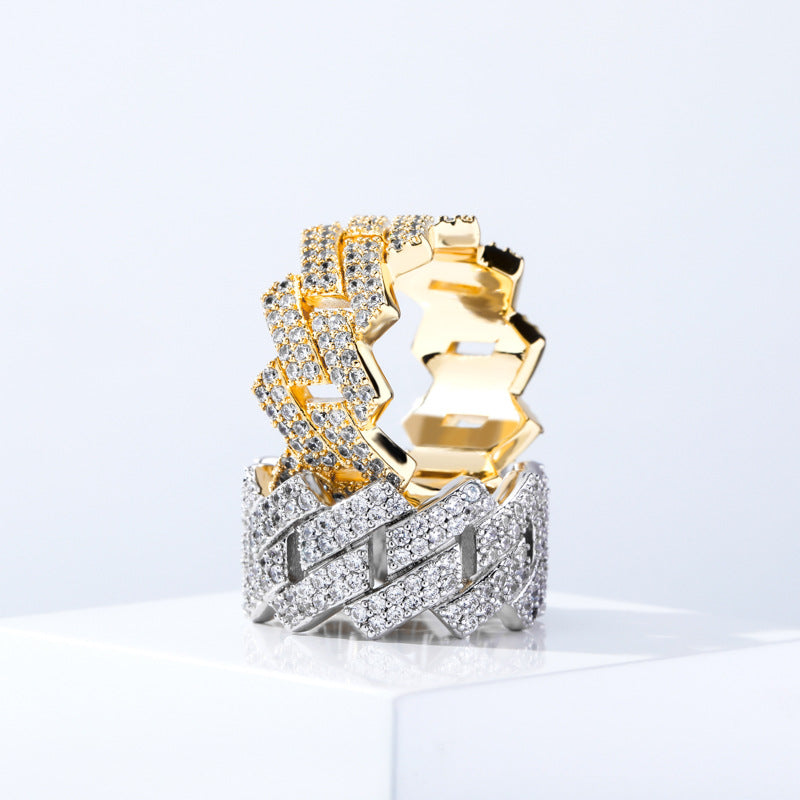 Full Pave Cuban Link Wide Band Ring, Solid S925 Silver Gold & Silver Two-Tone Hip Hop Heavy Chain Statement Ring