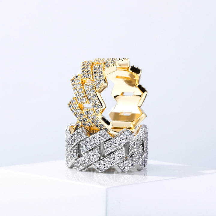 Full Pave Cuban Link Wide Band Ring, Solid S925 Silver Gold & Silver Two-Tone Hip Hop Heavy Chain Statement Ring