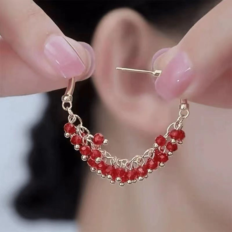 Multi-color Crystal Beaded Tassel Hoop Earrings
