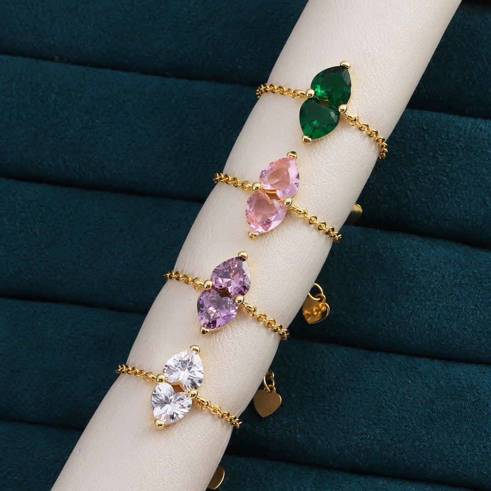 Two Hearts Joined Diamond Adjustable Chain Ring (Multi-Color Delicate Statement Band)