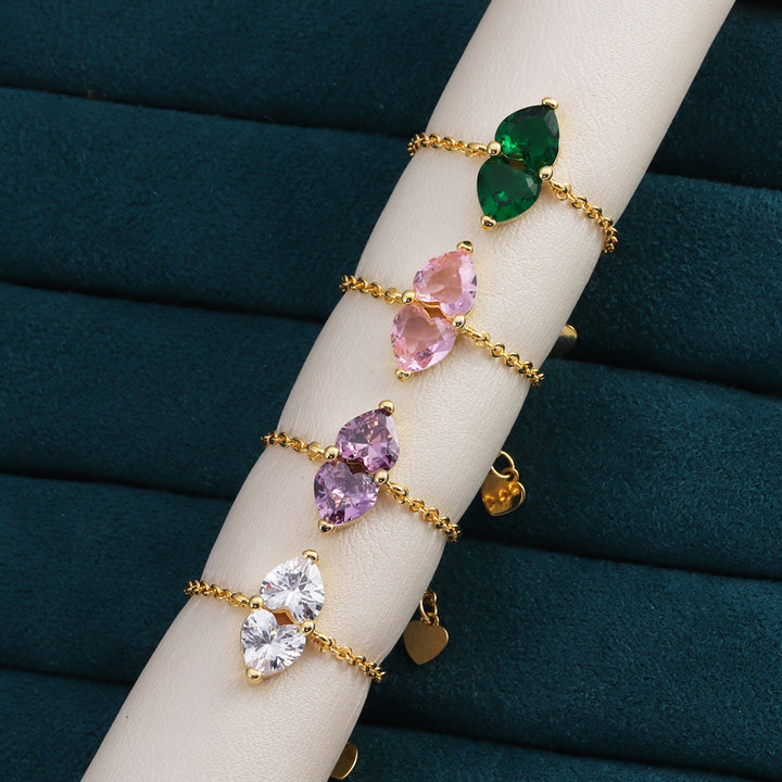 Two Hearts Joined Diamond Adjustable Chain Ring (Multi-Color Delicate Statement Band)