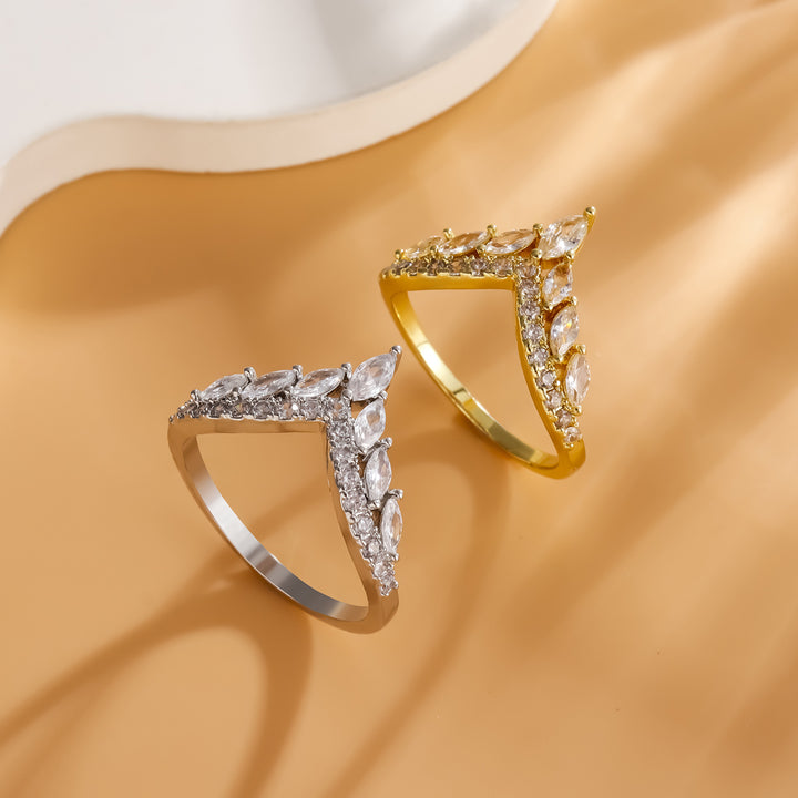 V-Shape Marquise Diamond Hollow Ring, Gold & Silver Tone Luxury Ladder Crystal Slimming Band
