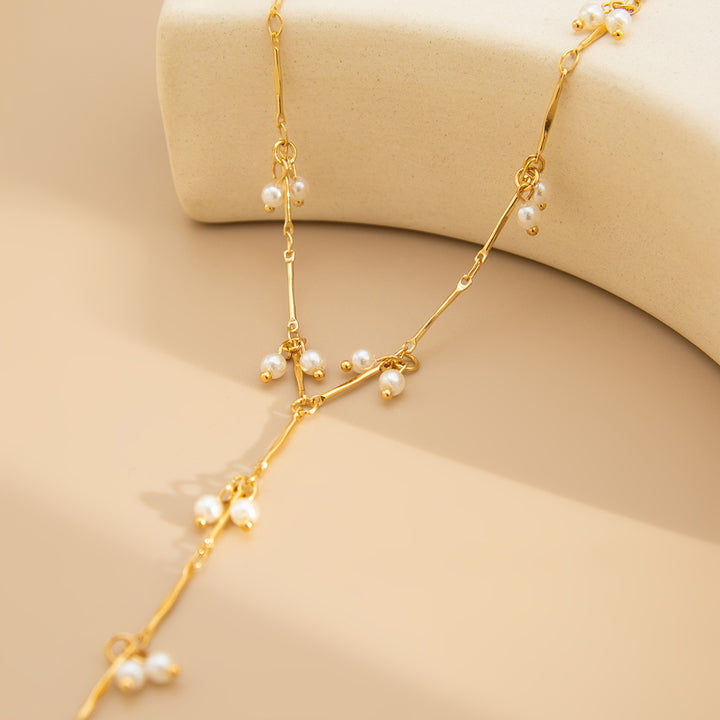 Dangling Pearl Y-Shaped Clavicle Necklace, Soft Multi Cluster Pearl Long Thin Chain