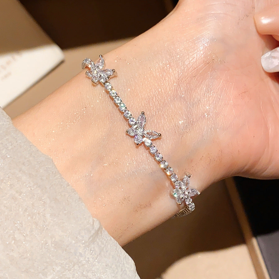 Three‑Butterfly Pave Diamond Tennis Bracelet, Marquise Cut Diamond Butterfly Dainty Women Bracelet, Gold & Silver Tone, Clear & Purple Diamond Available