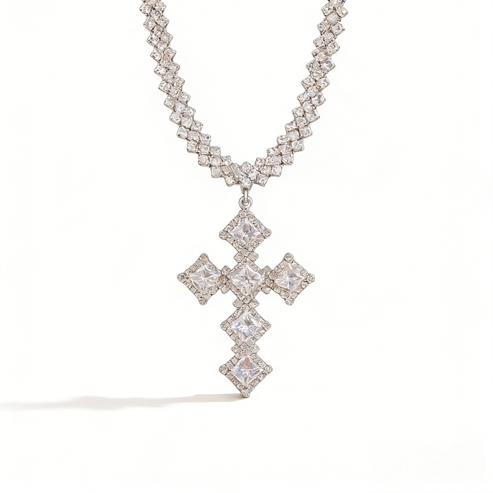 Full-Pavé Cross Pendant V-Shape Tennis Chain Necklace (Silver Tone Evening Jewelry)