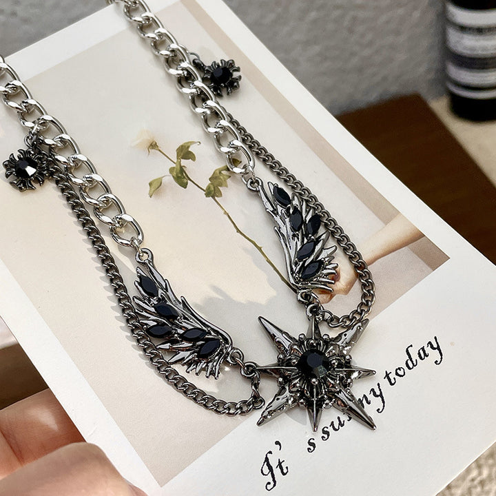 Vintage Wing Star Layered Spliced Necklace, Cool Wing Diamond Unisex Statement Choker