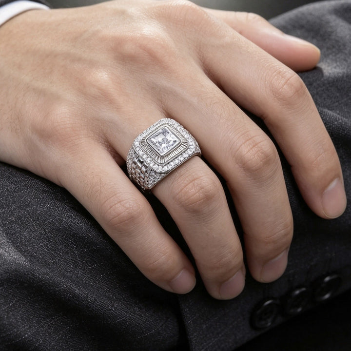 Hip Hop Square Paved Diamond Men Ring, Double Layer Square Watch Band Texture Heavy Titanium Steel Band Gold Silver Male Jewelry
