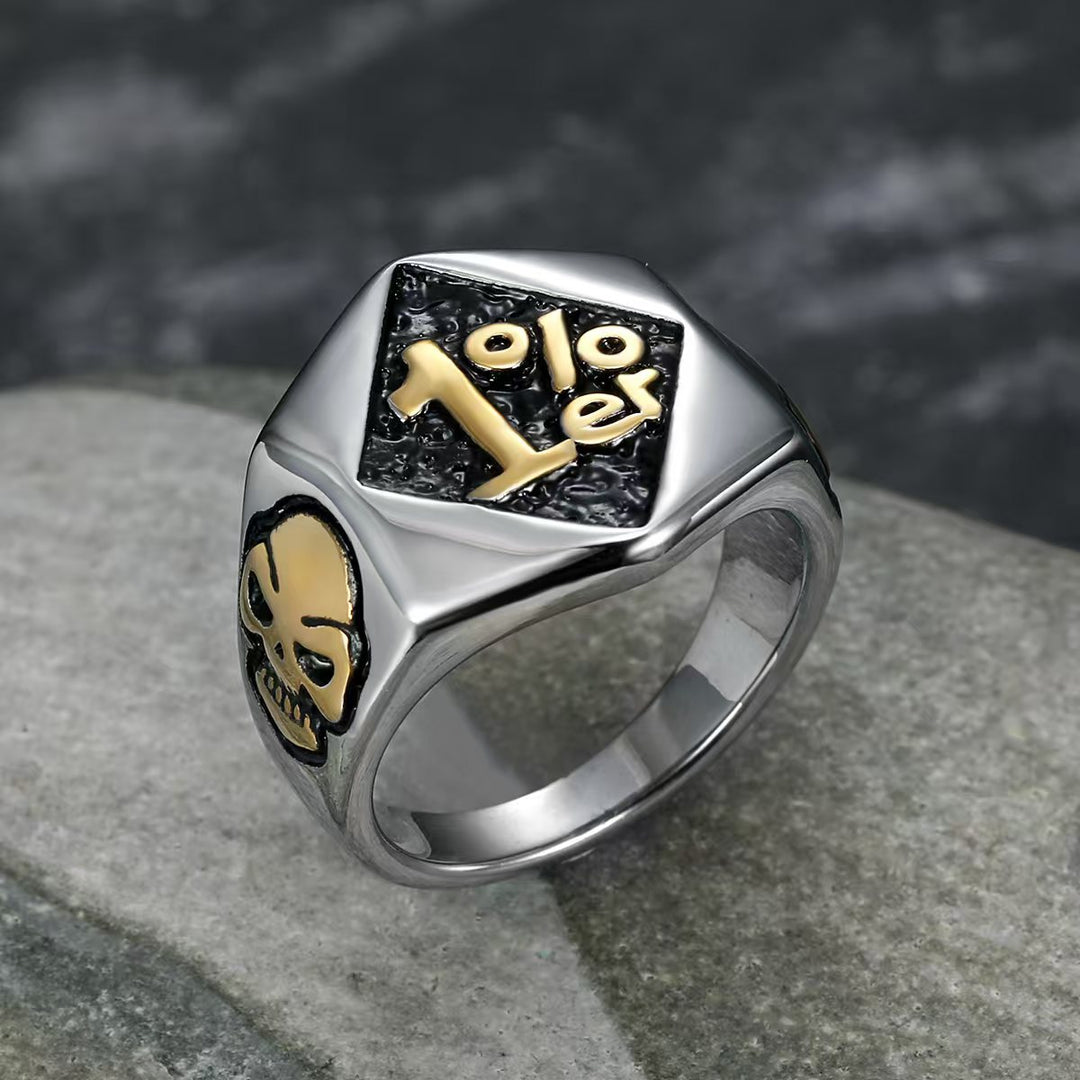 1%er Skull Vintage Biker Signet Ring, S925 Silver 14K Gold Plated Two-Tone Tough Men Wide Band