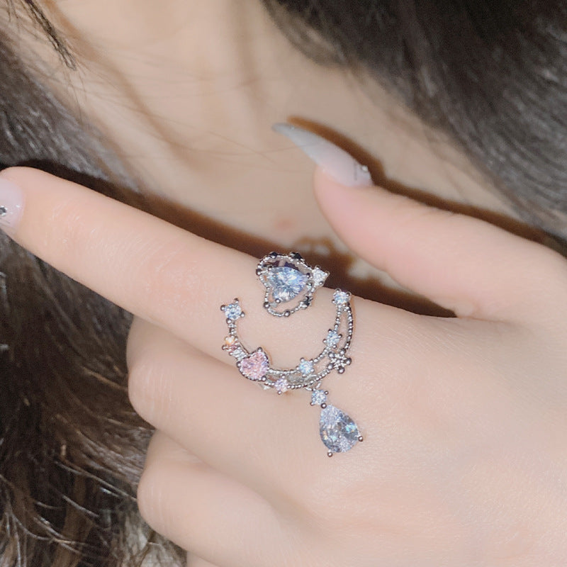 Moon‑Star Heart Teardrop Dangling Open Ring, Multi‑Color Options
