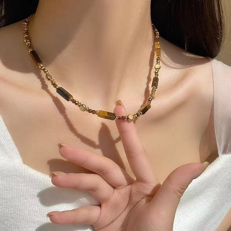 Vintage Tiger Eye Stackable Necklace Set, Mead Style Natural Stone Beaded Choker, Detachable Double Layer Necklaces