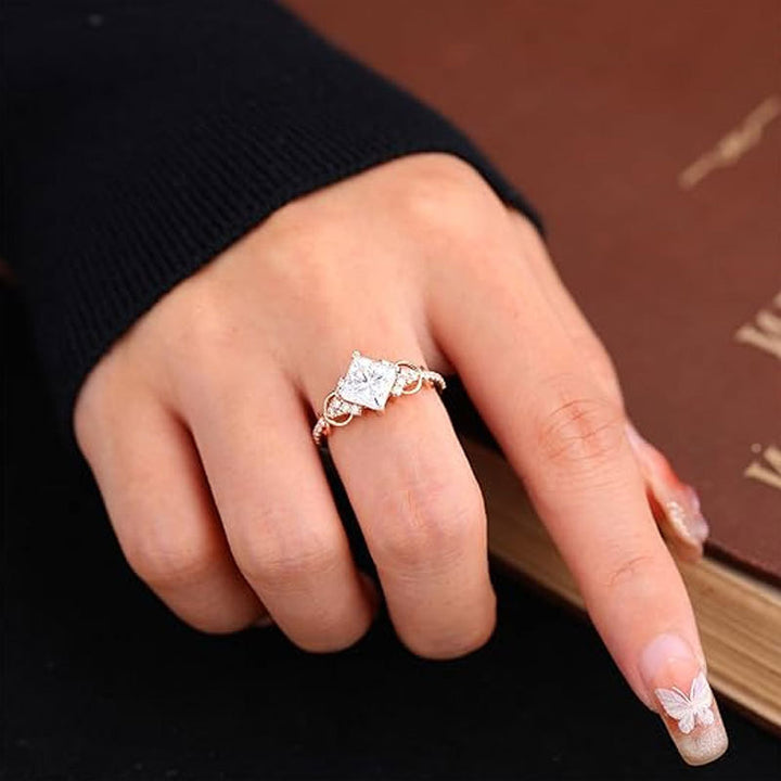 Princess Cut Diamond & Vine Openwork Ring (Light Luxury Romantic Proposal Style)