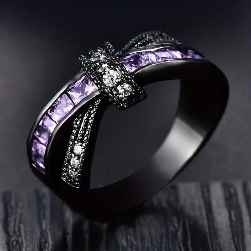 Twisted Cross Purple Crystal Black Gold Ring, Vintage Gunmetal Intertwined Ribbon Band Women Dark Luxury Jewelry