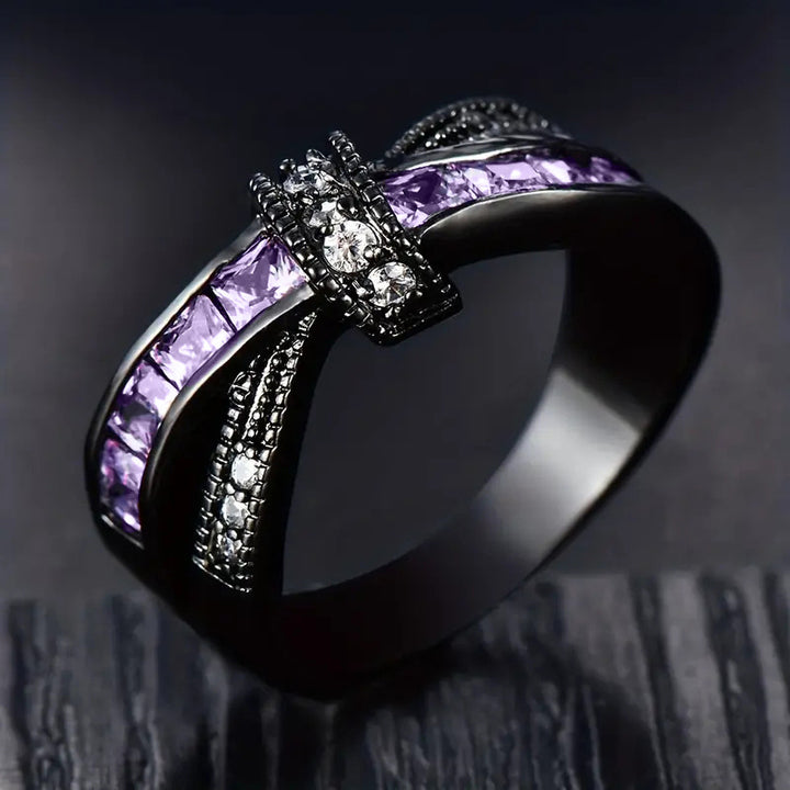 Twisted Cross Purple Crystal Black Gold Ring, Vintage Gunmetal Intertwined Ribbon Band Women Dark Luxury Jewelry
