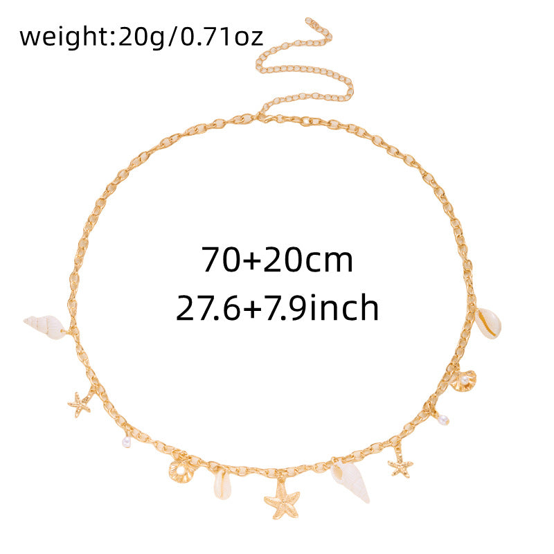 Vacation Style Shell Starfish Pearl Waist Chain, Adjustable Gold Beach Bikini Decor Body Chain