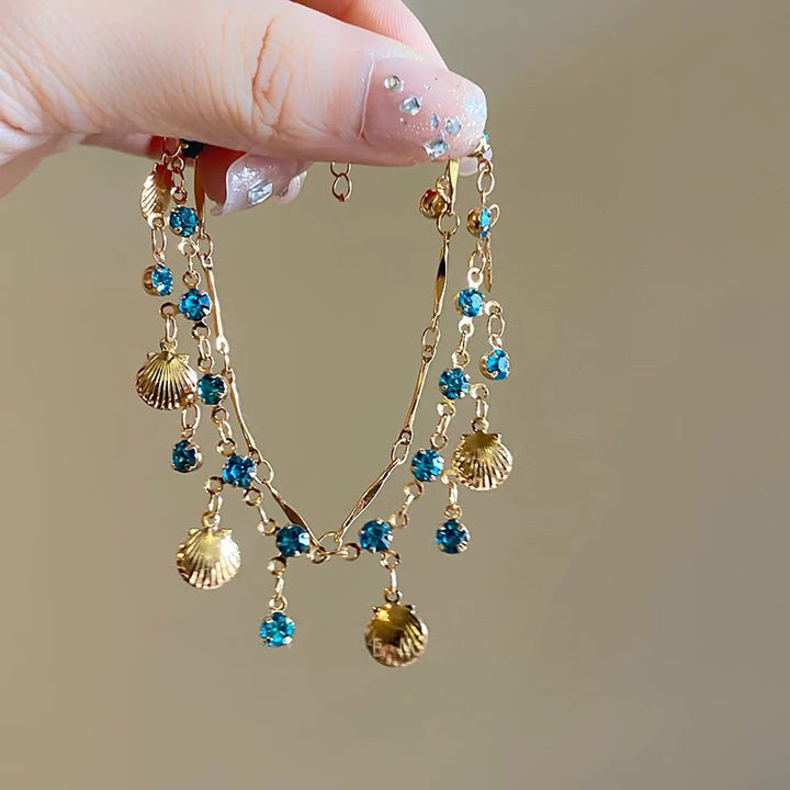 S925 Silver Blue Diamond Tassel Disc Adjustable Bracelet, Bohemian Vacation Style Gold Wrist Jewelry