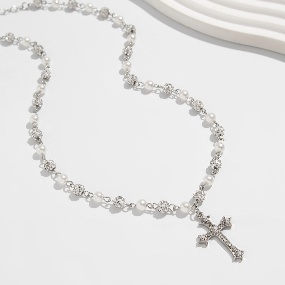 Pearl & Diamond Cross Pendant Necklace (Y2K Edgy Choker)