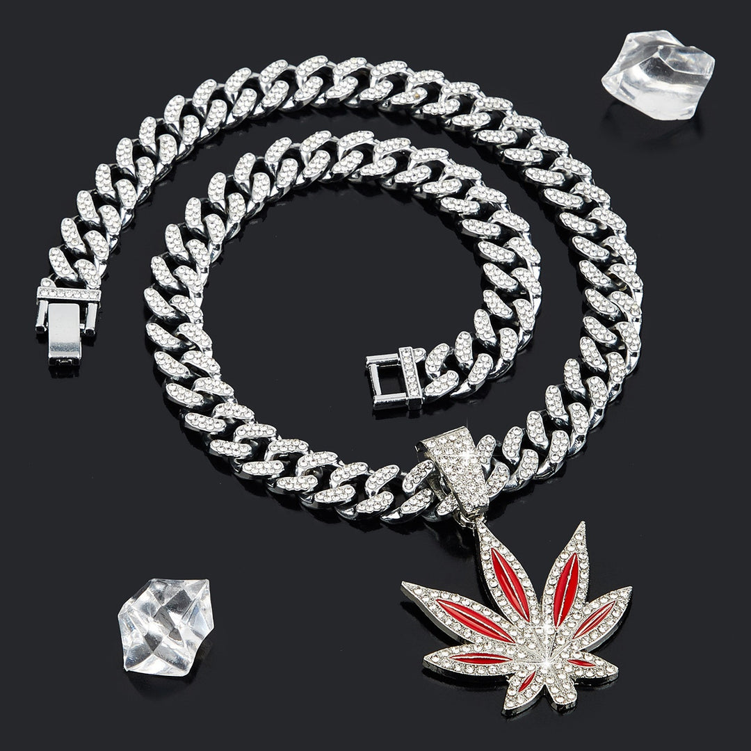 Color Enamel Maple Leaf Iced Out Cuban Necklace, Hip Hop Chunky Diamond Chain Trendy Pendant Necklace for Men