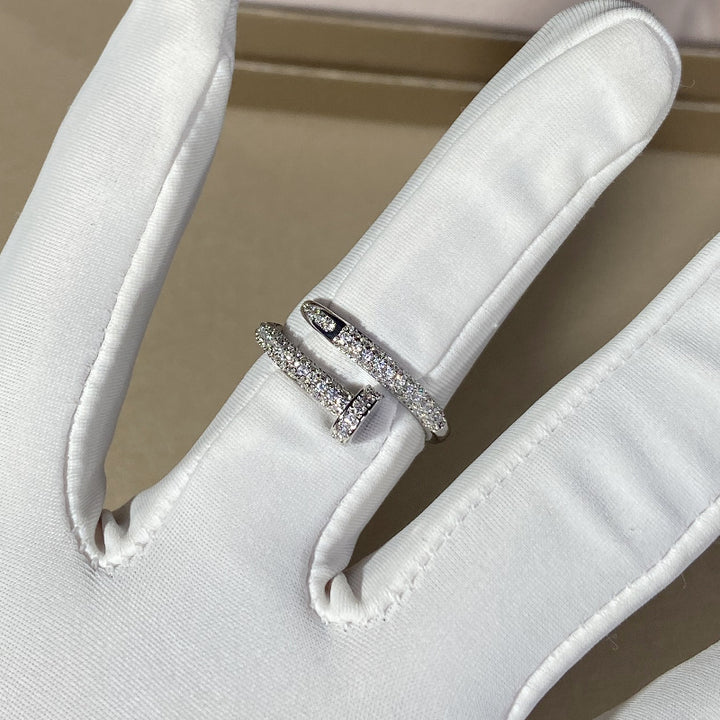 Full Pave Open Nail Shape Ring, Multi-Tone Plated Luxury Spiral Crystal Band