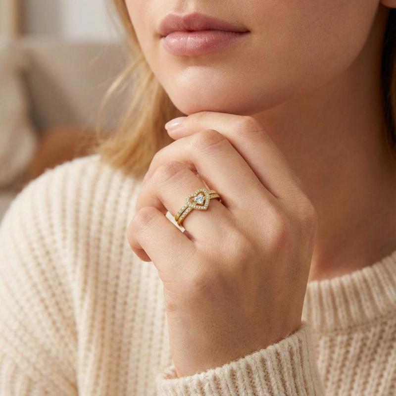 Double Heart Diamond Hollow Halo Ring Set (Luxury Romantic Engagement Band Set)