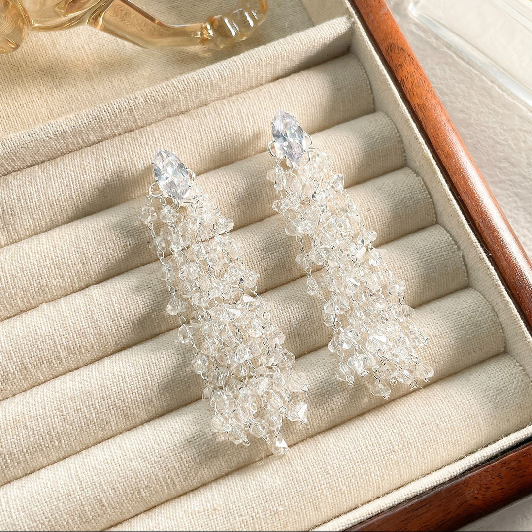 Marquise Diamond Multi-Layer Crystal Tassel Long Drop Earrings, Solid S925 Silver Gold & Silver Two-Tone Heavy Banquet Jewelry