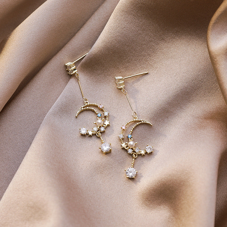S925 Silver Star & Moon Color Diamond Pearl Drop Earrings, Dreamy Hollow Crescent Long Dangle Earrings
